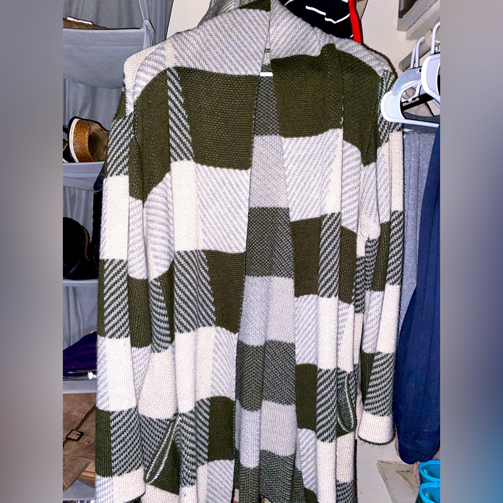 olive green striped sweater/cardigan